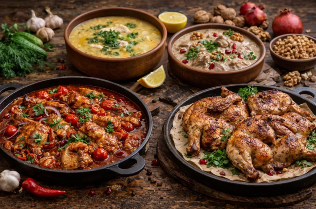 Чахохбили, Чихиртма, Сациви, Цыплята тапака